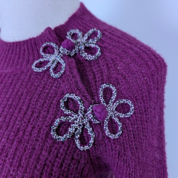 J. Crew Pink Knit Crew Neck Ribbed Long Sleeve Asymmetrical Beaded Shoulder - Picture 7 of 11